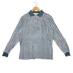 VINTAGE HING SHING GREEN WHITE CHECKERED POLO LONG SLEEVE MEN’S MEDIUM